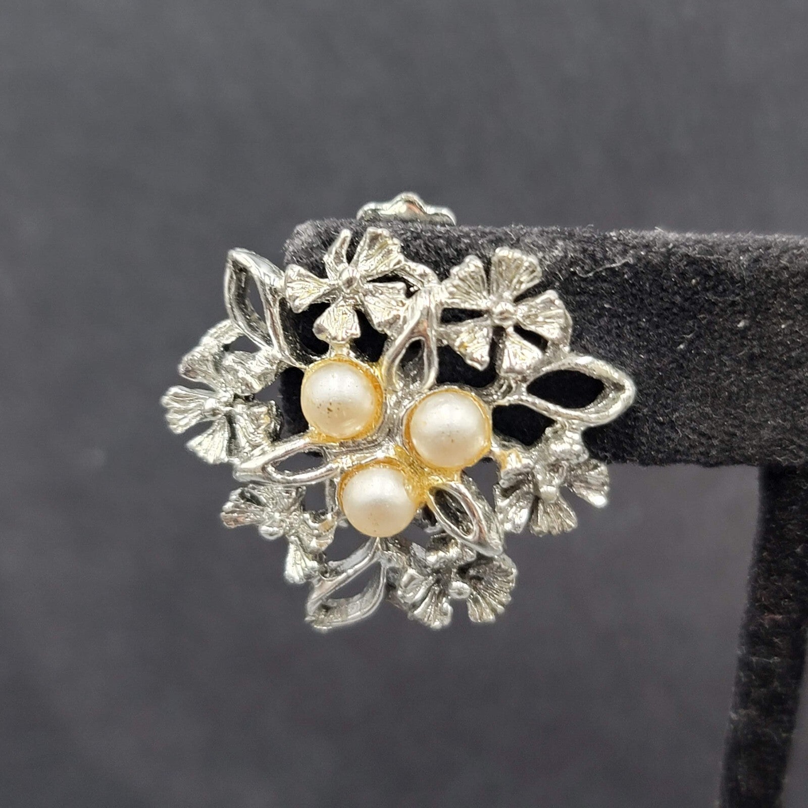 Vintage Clip on Earrings Silver tone Faux Pearl Open Work Drop 1"