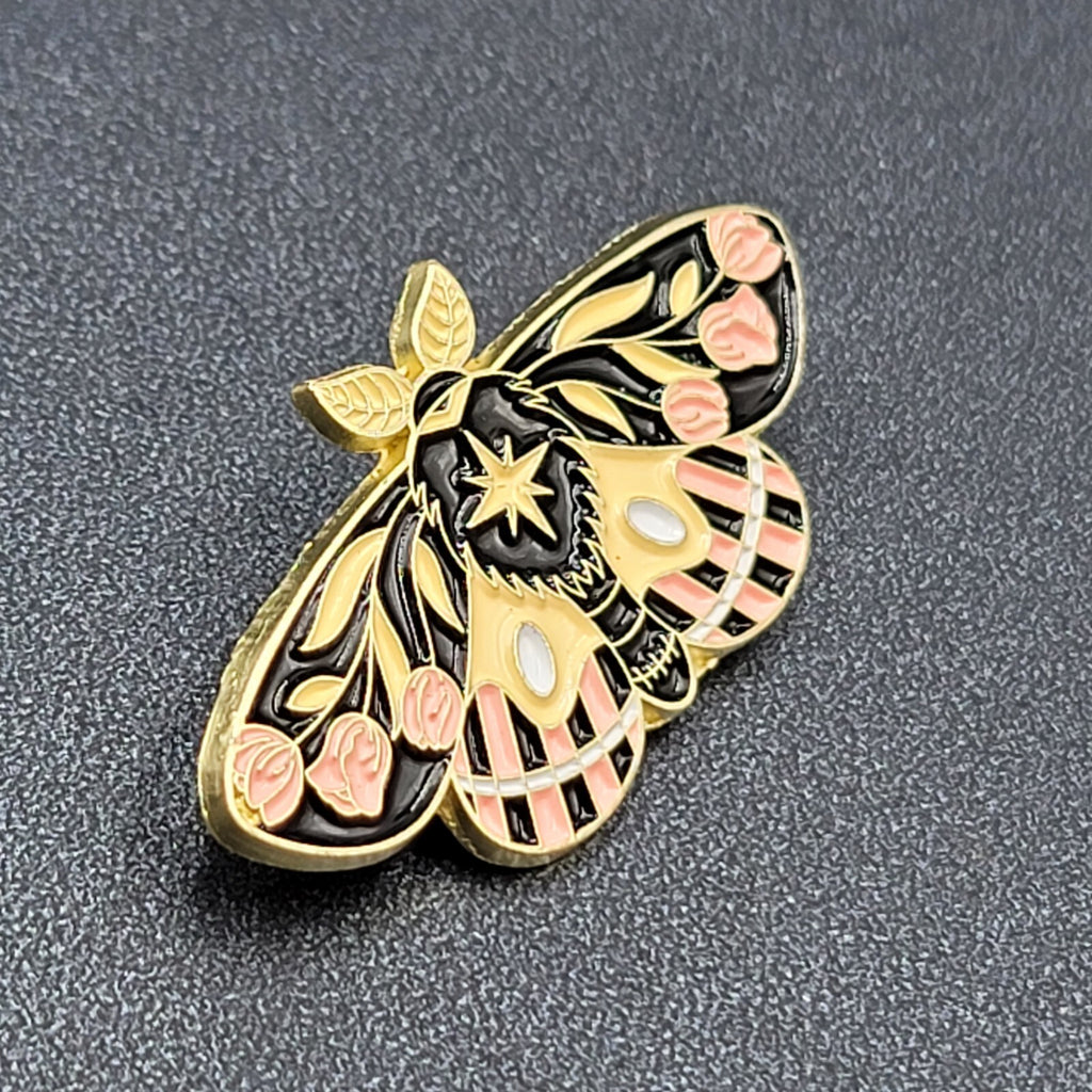 Moth Tulips Yellow Pink Black Enamel Lapel Hat Pin 1.75"