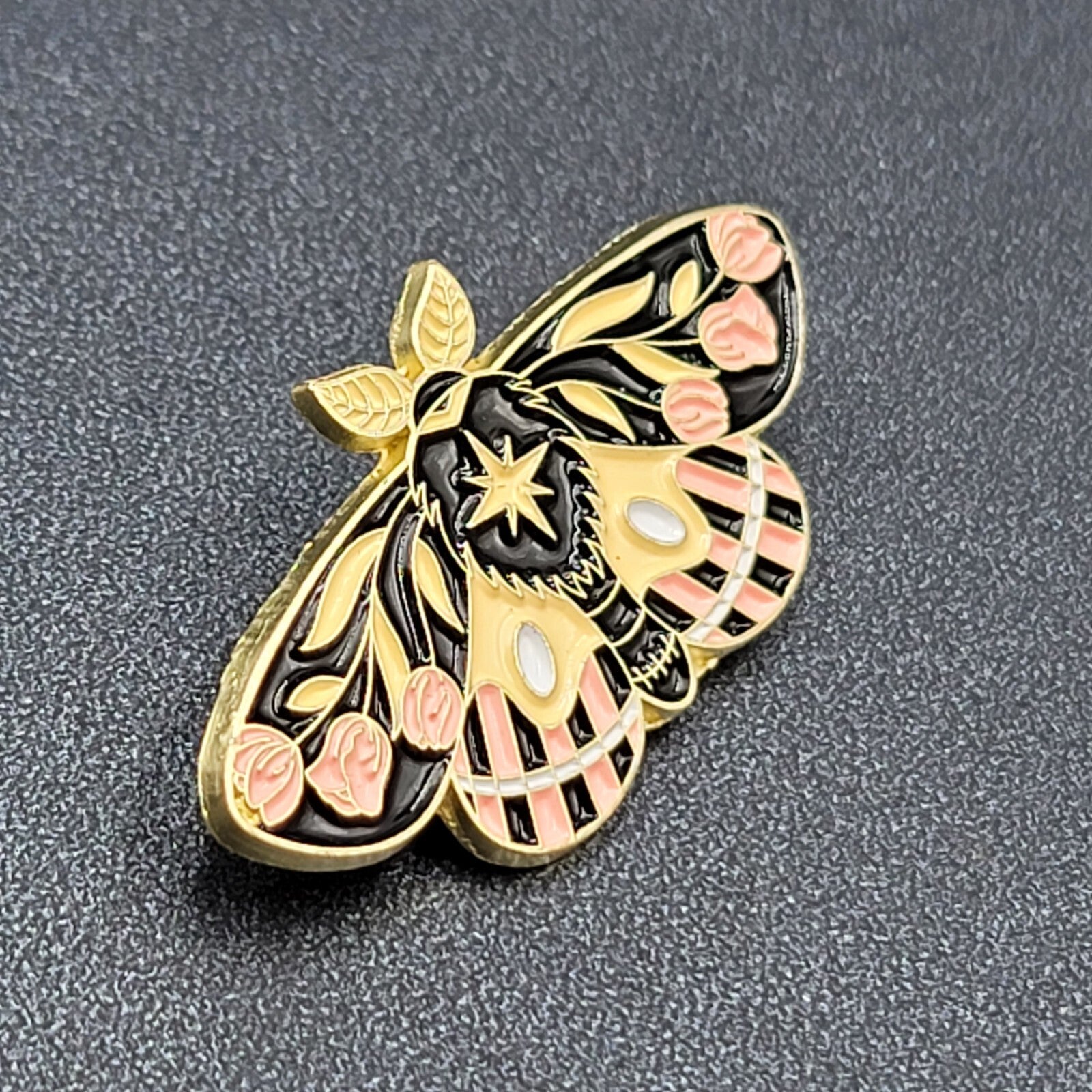 Moth Tulips Yellow Pink Black Enamel Lapel Hat Pin 1.75"