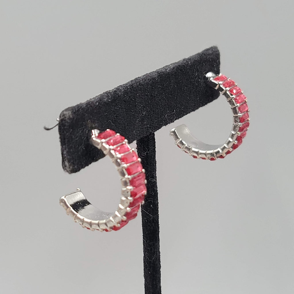 Pink Crystal Baguette Hoops Pierced Earrings Silver tone 7/8 in