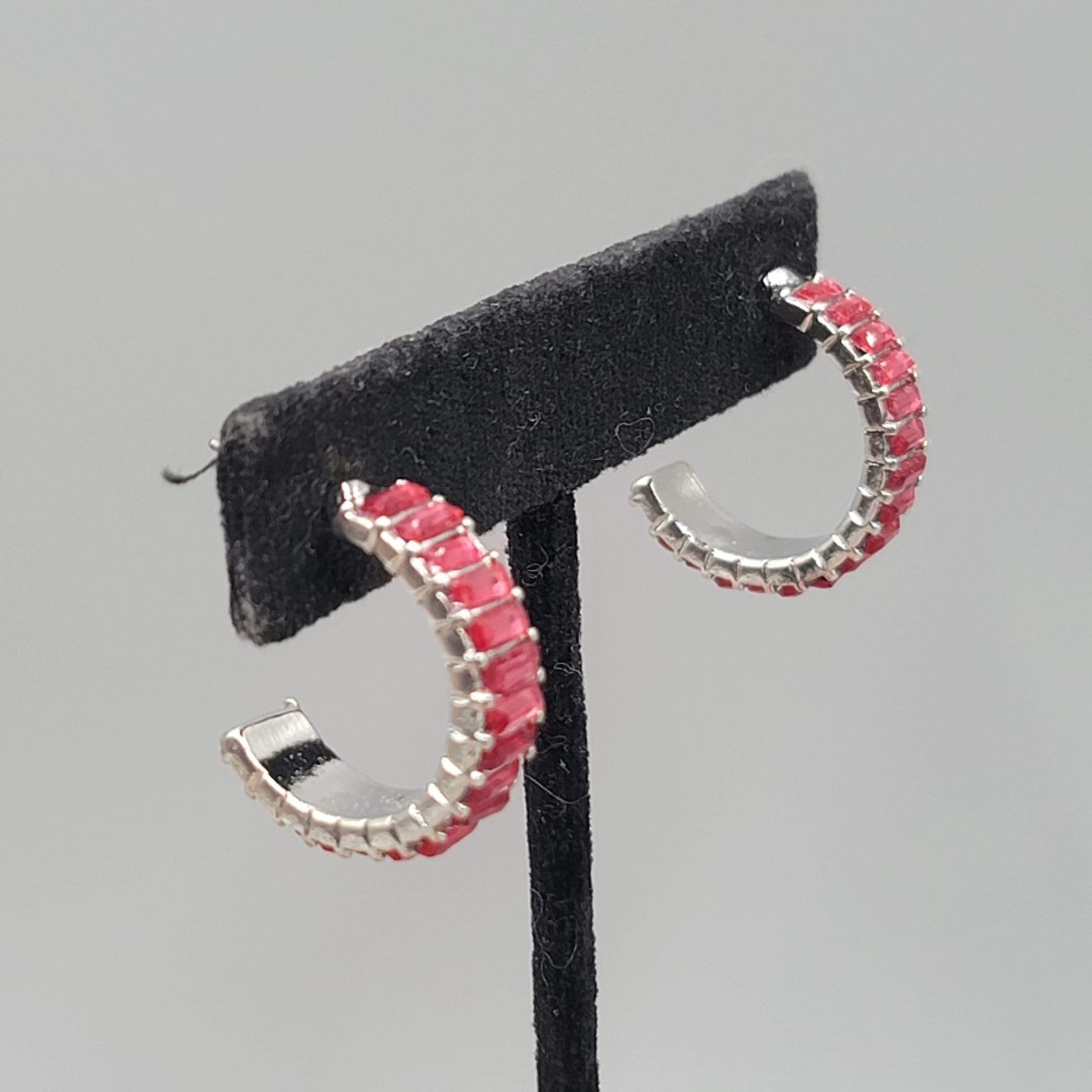 Pink Crystal Baguette Hoops Pierced Earrings Silver tone 7/8 in