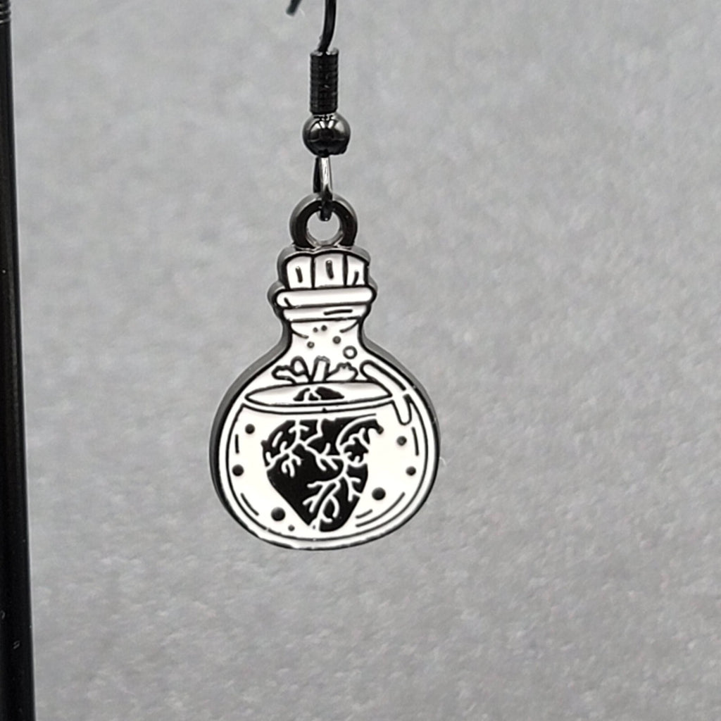Poison Heart in Jar Pierced Earrings Black White Enamel Dangle 7/8" 