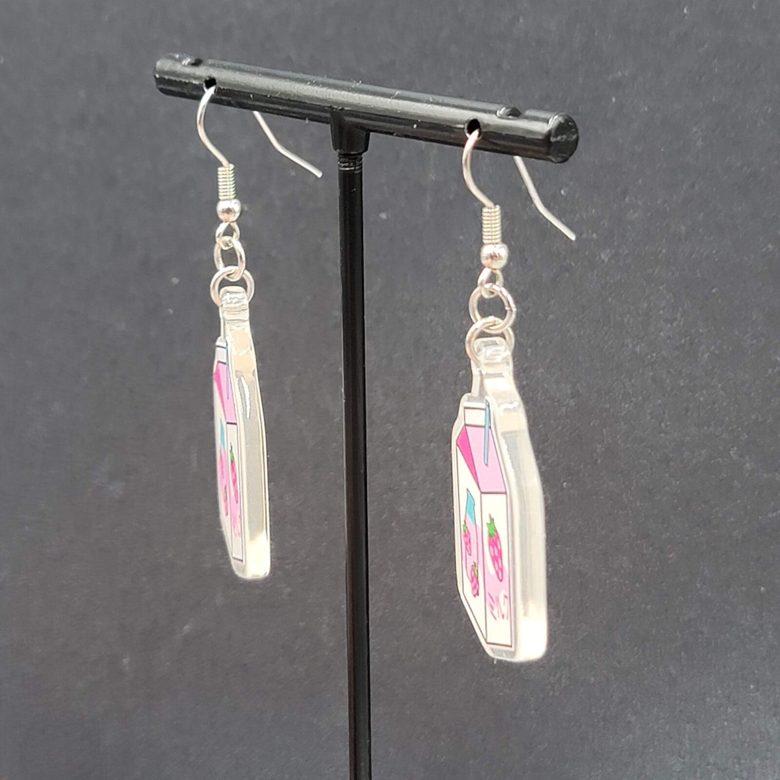 Strawberry Milk Pierced Earrings Acrylic Dangle Silver tone Hooks 1.5"