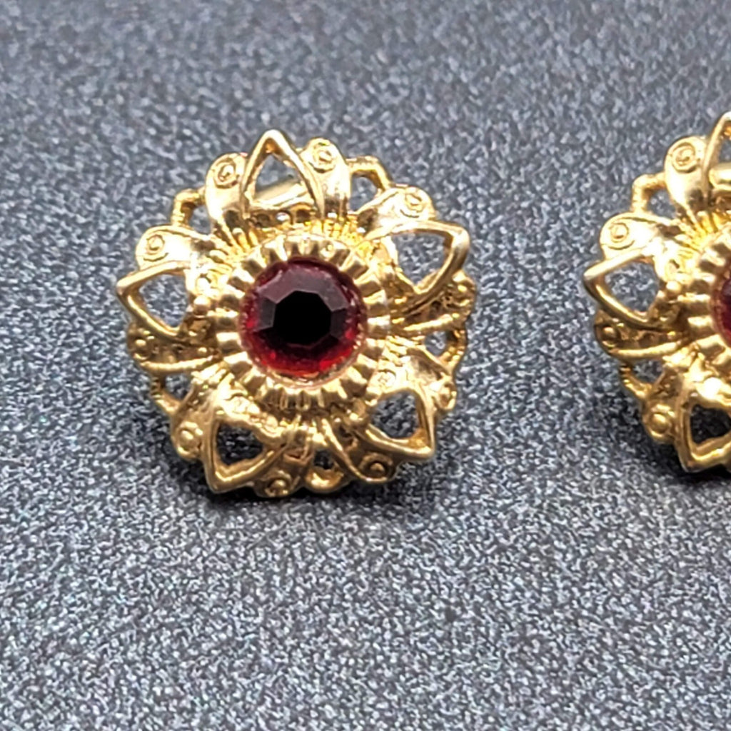 Vintage Pierced Earrings Gold Plated Red Stone Heart Studs 5/8"