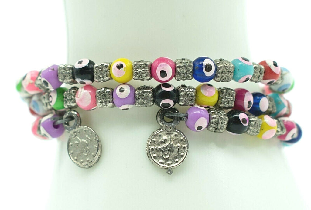 Evil Eye Bracelet Glass Bead Memory Wire Multi Color Silver tone