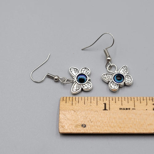 Butterfly Evil Eye Pierced Earrings Silver tone Blue Bead Dangle 5/8"