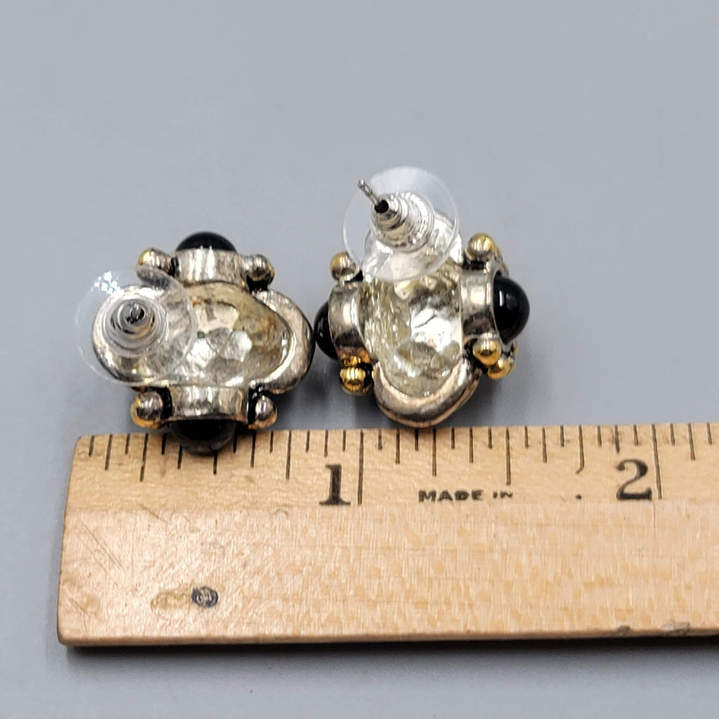 Statement Pierced Earrings Silver and Gold tones Black Bead 3/4 in