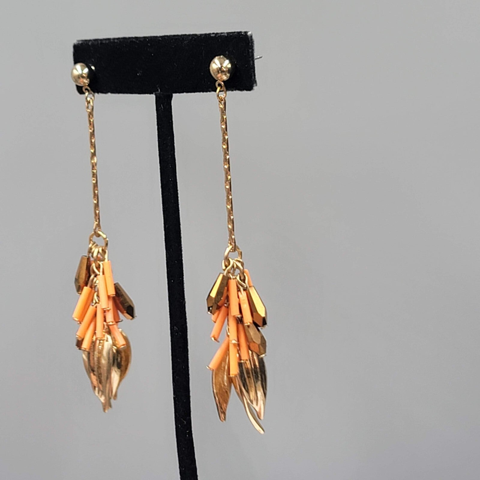 Vintage Pierced Earrings Gold tone Leaf Charms Peach Beads LONG 3.75"