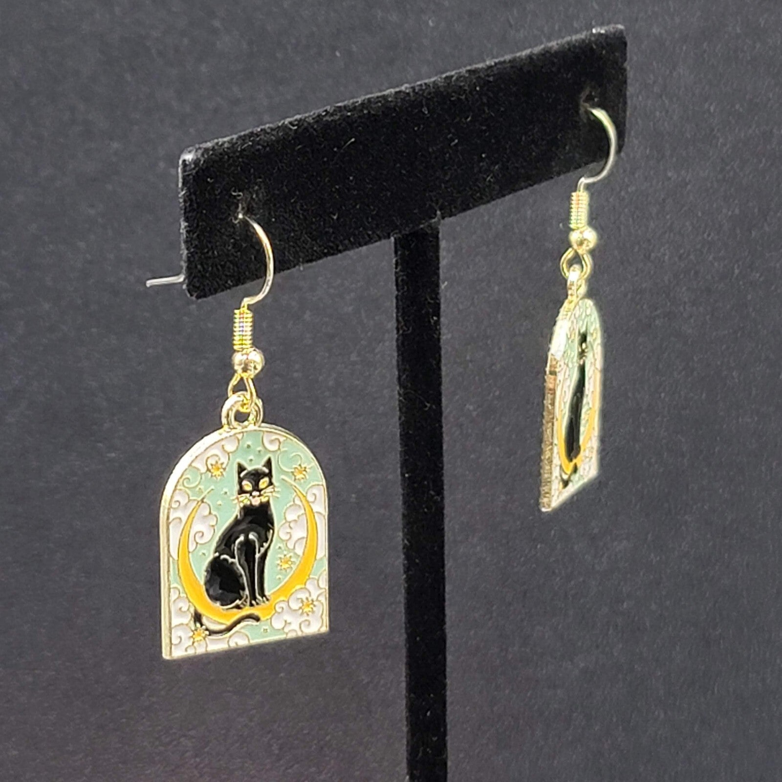 Pierced Earrings Gold tone Enamel Black Cat Crescent Moon Dangle 1"