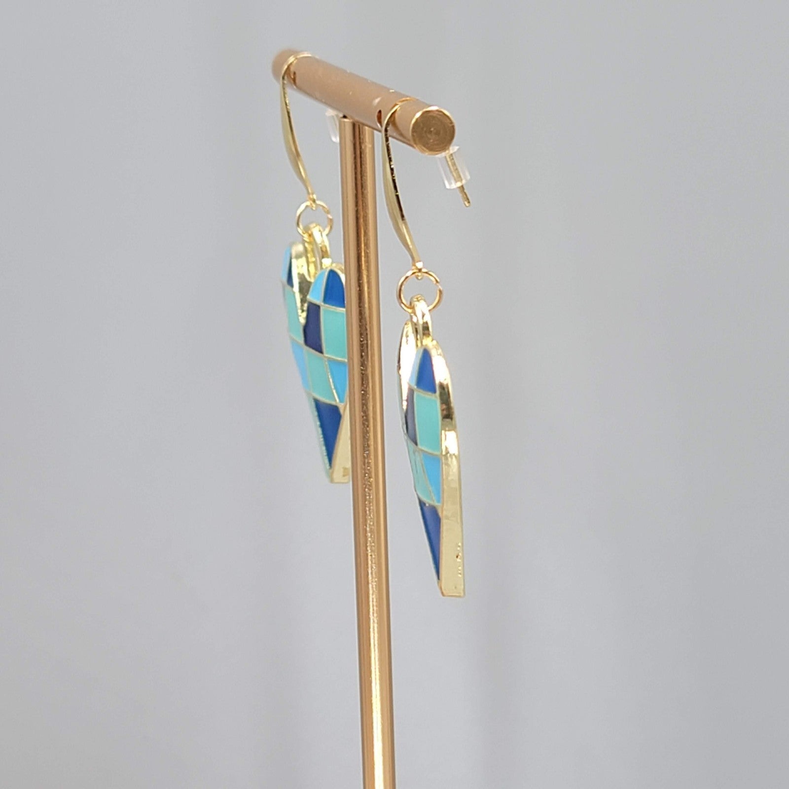 Blue Enamel Checkered Heart Pierced Earrings Gold tone Dangle Large 1.5"