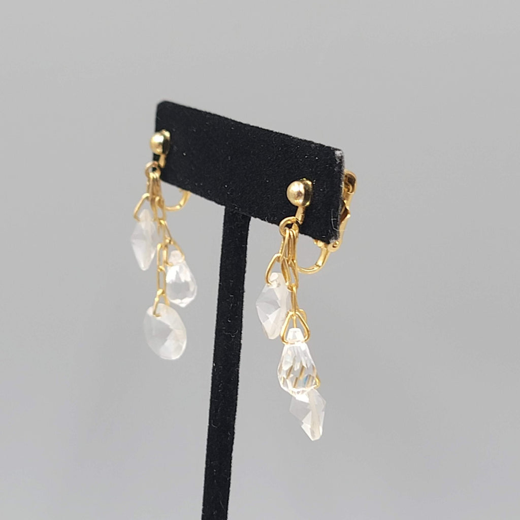 Vintage Clear Bead Clip on Earrings Gold tone Dangle 1.25 in