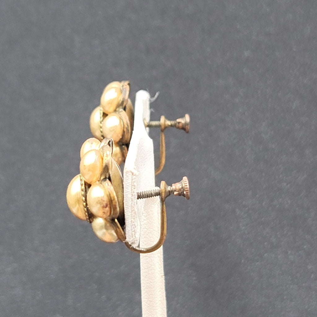 Vintage Clip on Earrings Bronze tone Gold Bead Flower Screw Back Studs 3/4"