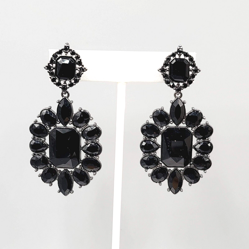 Pierced Earrings Black Metal Black Rhinestone Dangle 2.5"