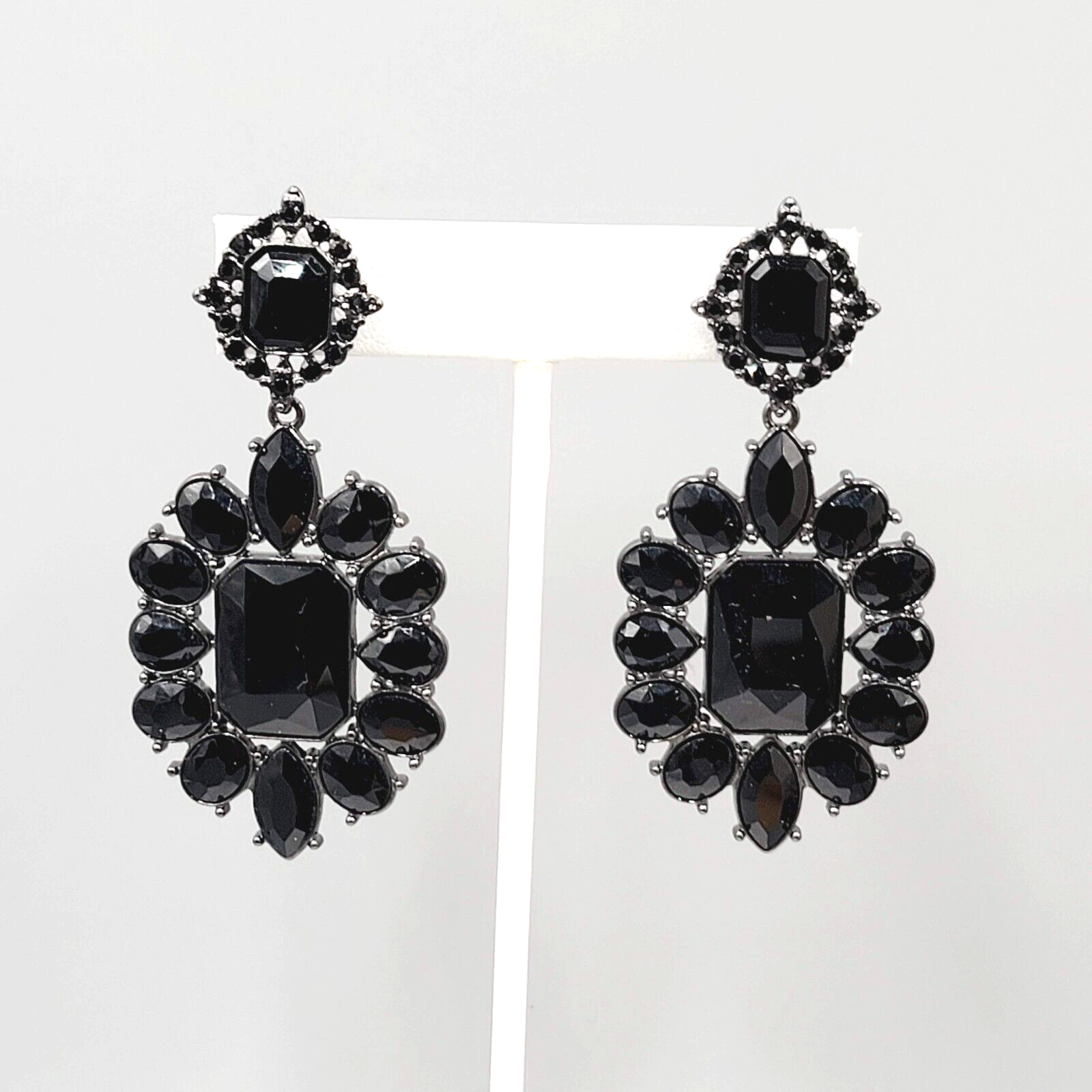 Pierced Earrings Black Metal Black Rhinestone Dangle 2.5"