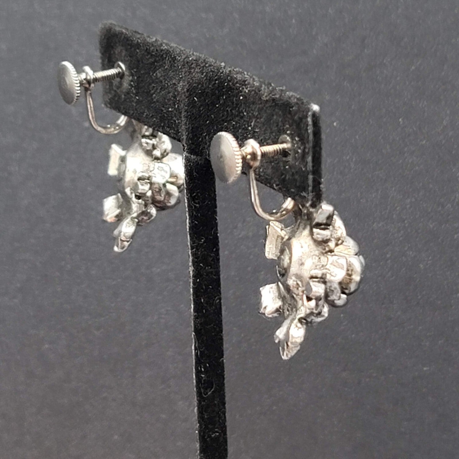 Vintage Clip on Earrings Silver tone 3D Flower Rhinestone Dangle 1"