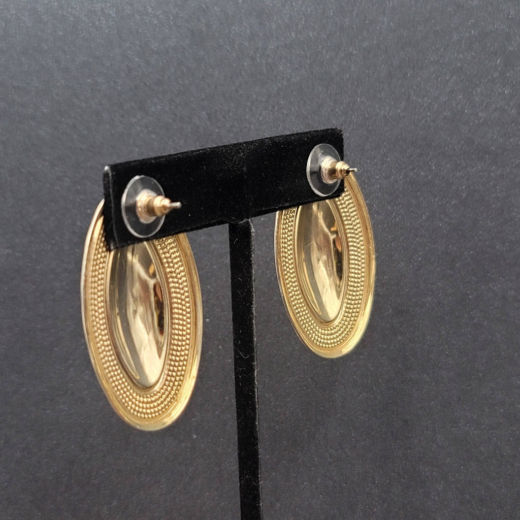 Vintage Pierced Earrings Gold tone Cream Swirl Enamel Long Oval Statement 1.75"