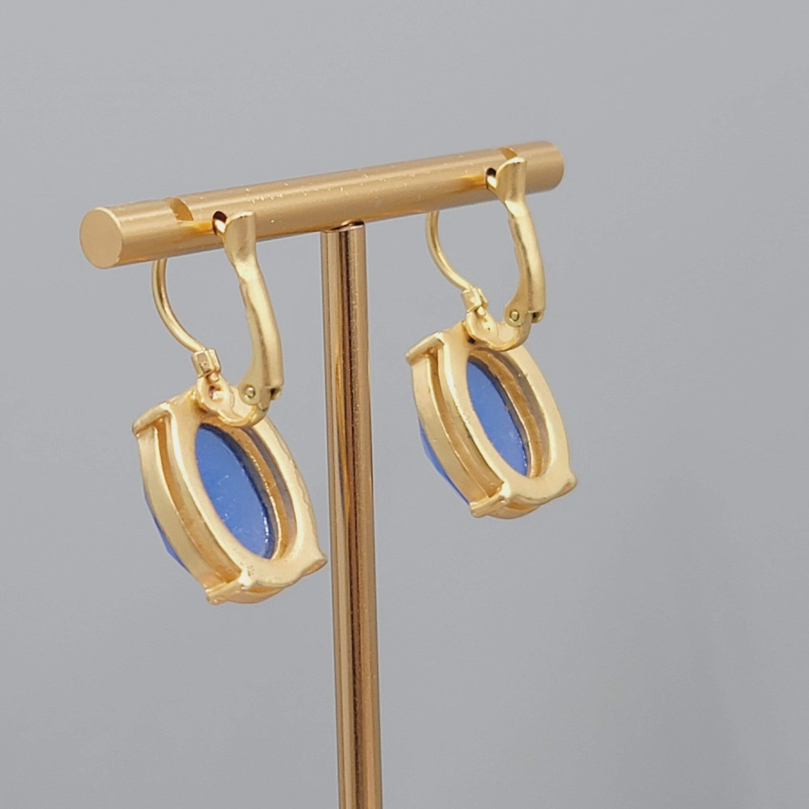 Oval Faceted Blue Pierced Earrings Matte Gold tone Drop 3/4"