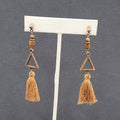 Tassel Pierced Earrings Bronze tone Wood Triangle Dangle 2.75"