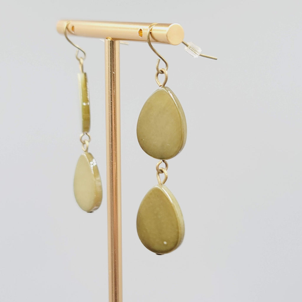 Teardrop Dangle Pierced Earrings Green Dyed Shell Bronze tone 1.75"
