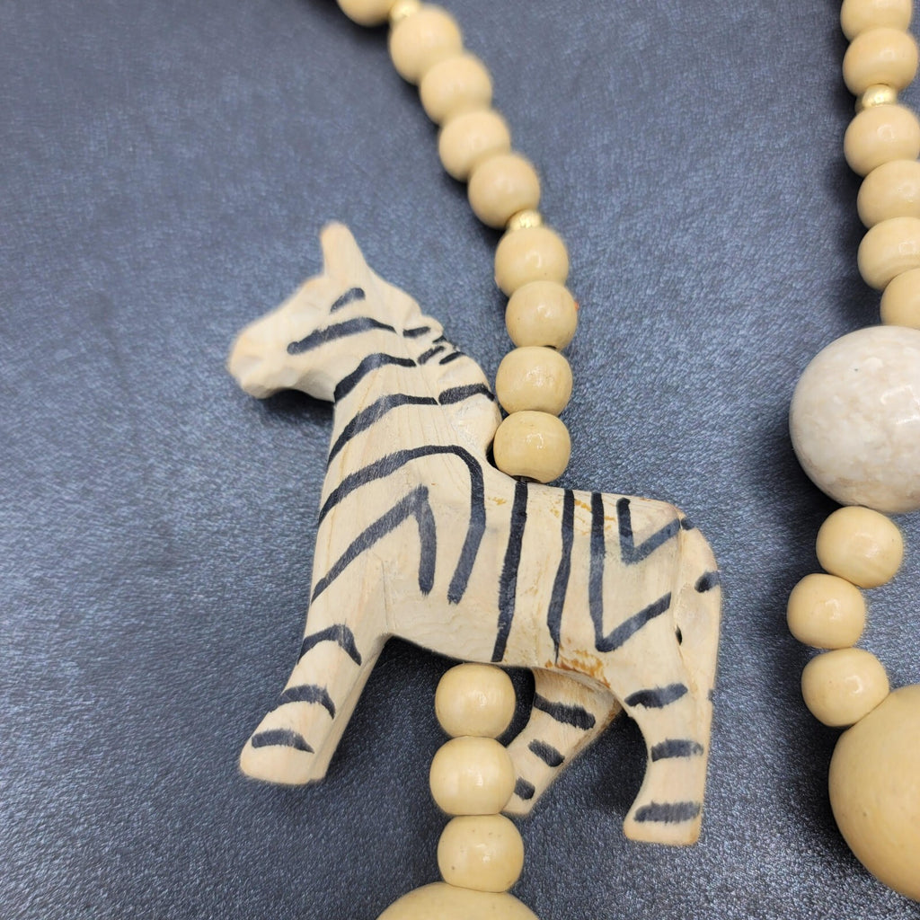 Vintage Safari African Zebra Carved Wood Beaded Necklace 24"