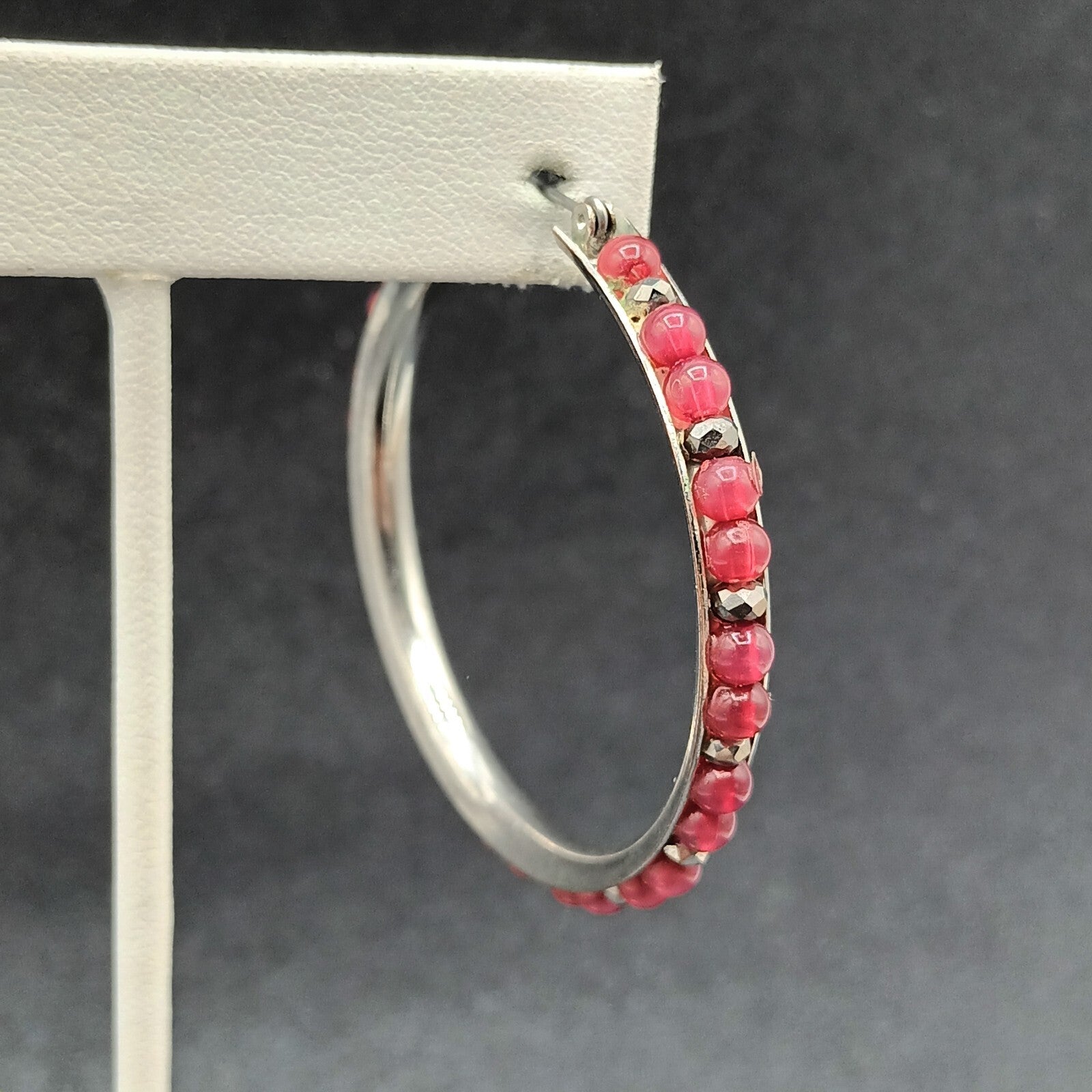Pierced Earrings Silver tone Red Bead Statement Snap Hoops 2"
