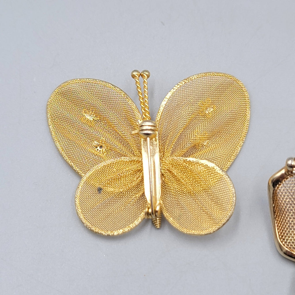 Vintage Brooch Lot of 2 Mesh Flower Butterfly Gold tone Estate Jewelry