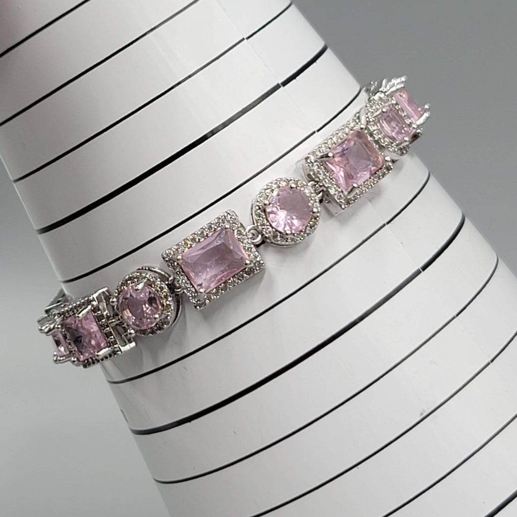 Pink Crystal Tennis Bracelet Silver Plated 1" Extender 6.5" or 7.5"