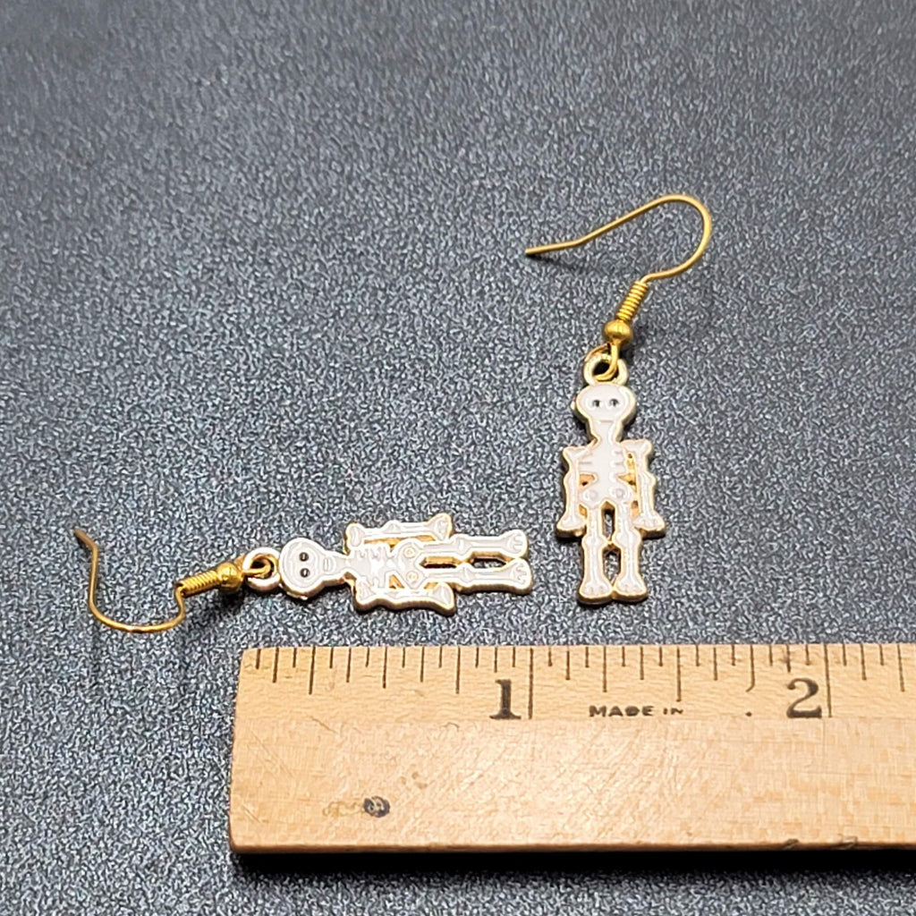 Halloween Skeleton Pierced Earrings Gold tone White Enamel Dangle 1"