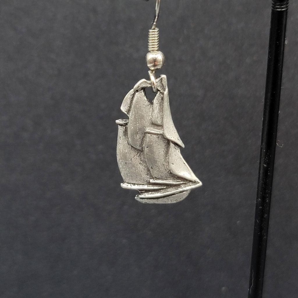 Vintage Ship Pierced Earrings Pewter Silver tone Dangle Nautical 7/8"