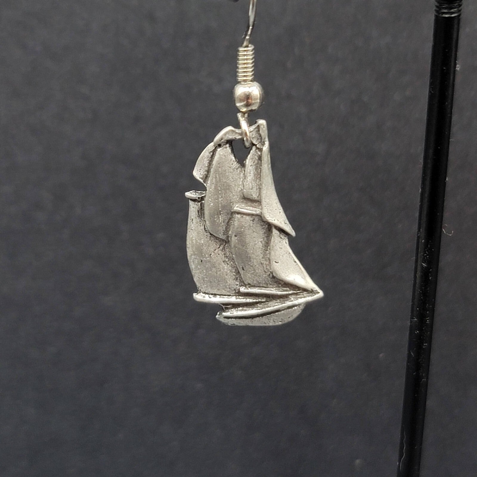 Vintage Ship Pierced Earrings Pewter Silver tone Dangle Nautical 7/8"