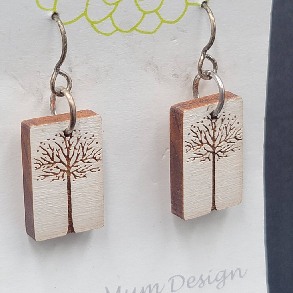 Green Mum Design Pierced Earrings Laser Cut Tree Wood Dangle 1"