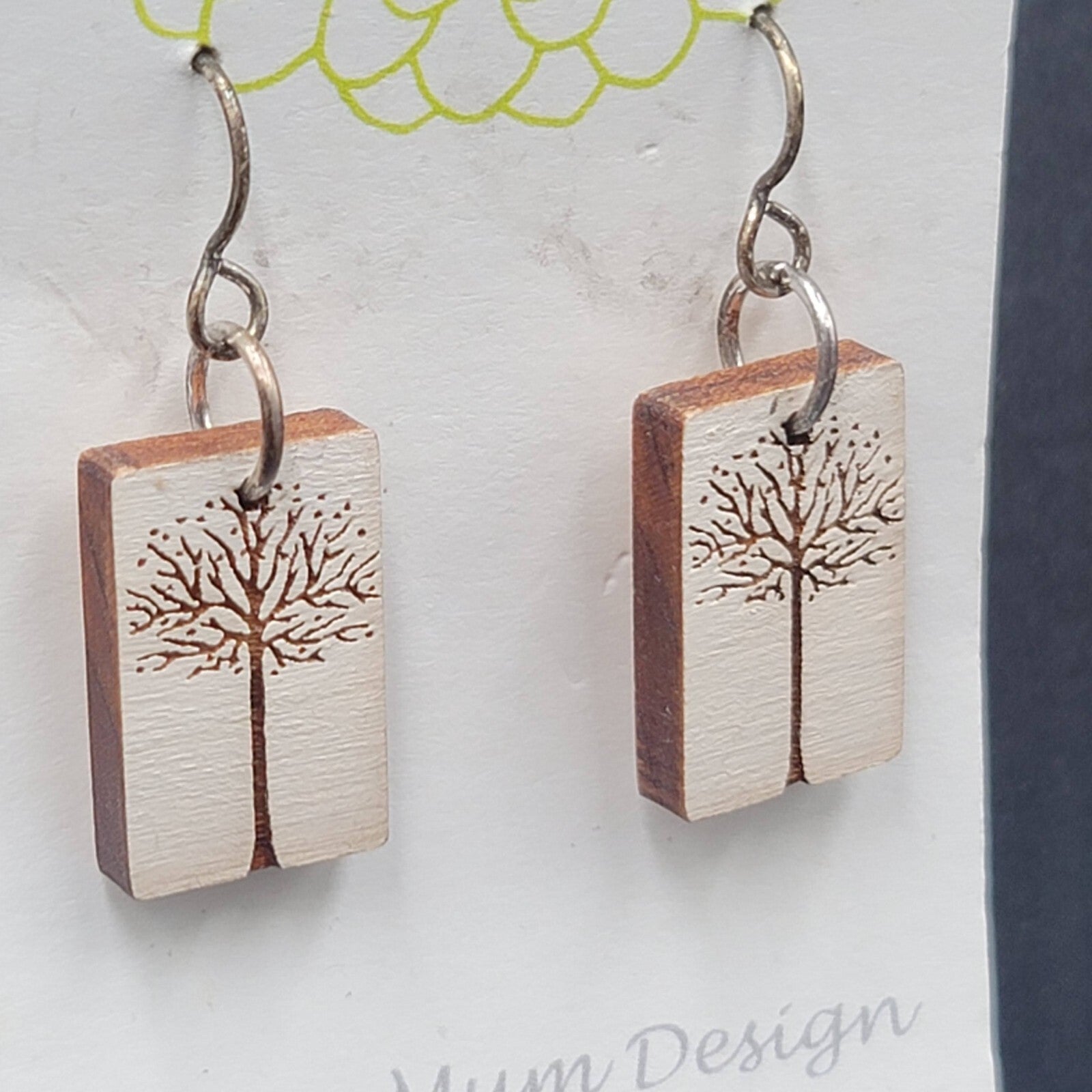 Green Mum Design Pierced Earrings Laser Cut Tree Wood Dangle 1"