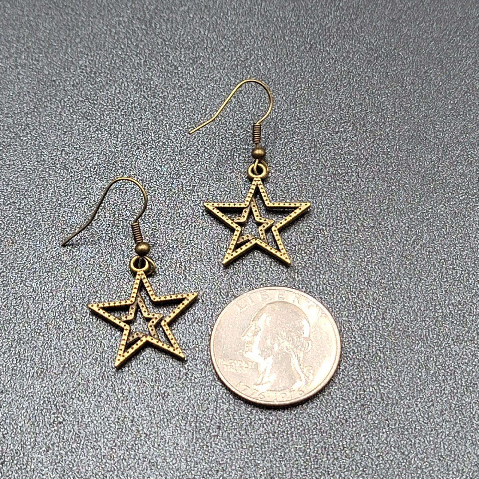 Pierced Earrings Bronze tone Double Open Star Dangle 7/8"