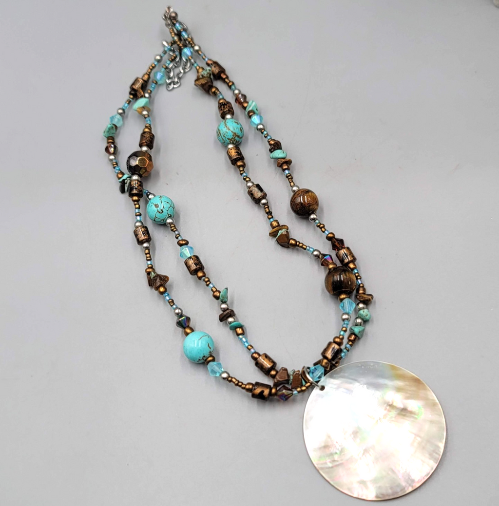 Real Shell Pendant Necklace Tigers Eye Blue Howlite Glass Bead 16"-20"