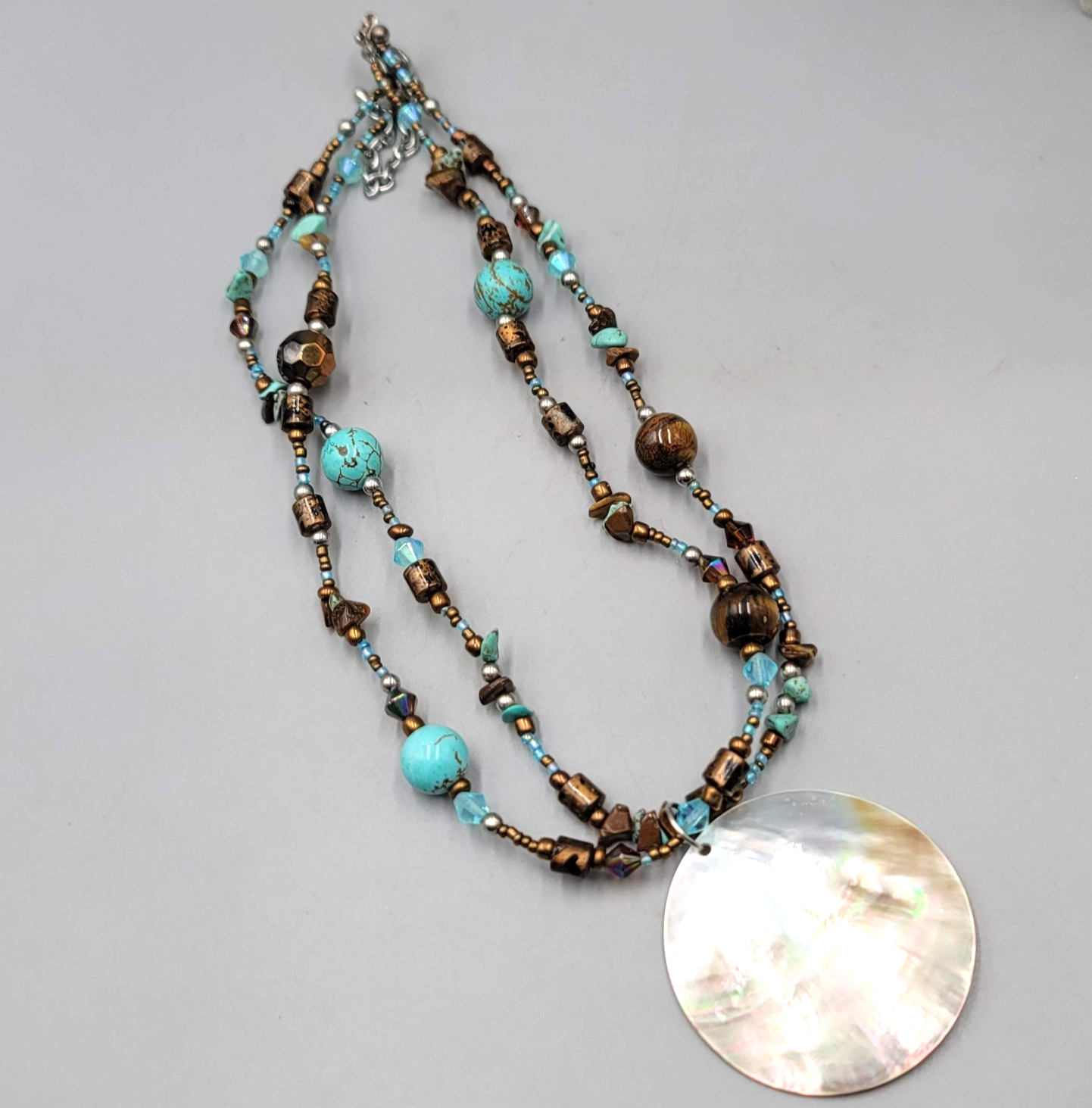 Real Shell Pendant Necklace Tigers Eye Blue Howlite Glass Bead 16"-20"