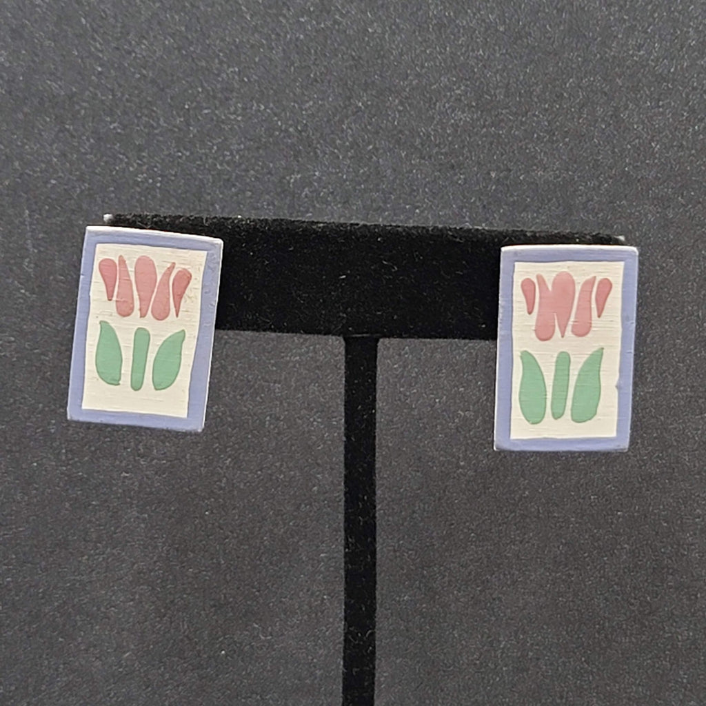 Vintage Tulip Flower Pierced Earrings Hand Painted Wood Rectangle Drop 1"