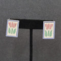 Vintage Tulip Flower Pierced Earrings Hand Painted Wood Rectangle Drop 1"