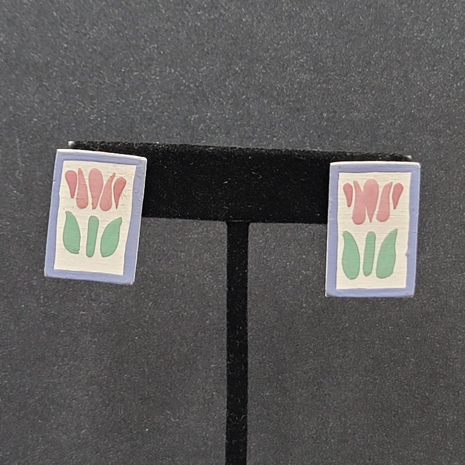 Vintage Tulip Flower Pierced Earrings Hand Painted Wood Rectangle Drop 1"
