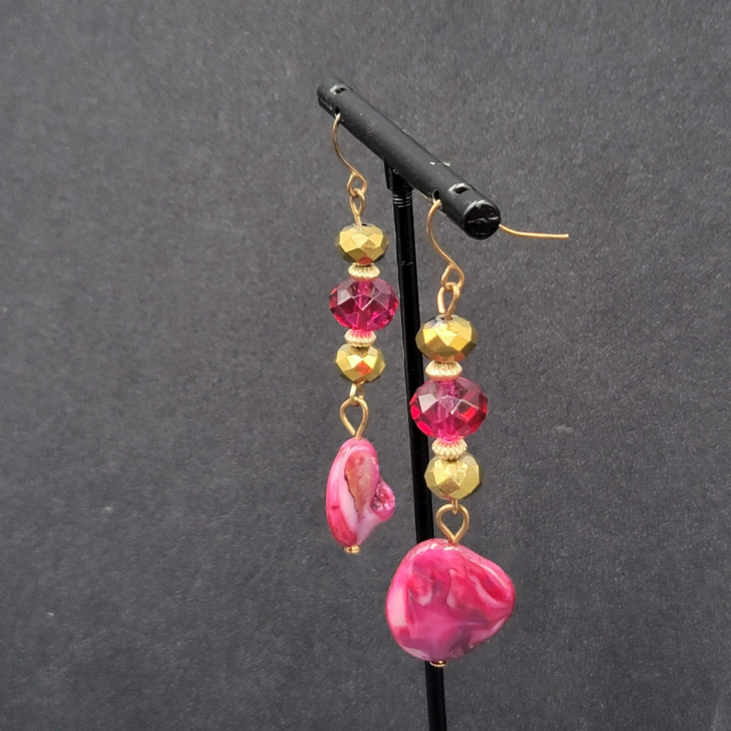 Pierced Earrings Gold tone Pink Beads Dyed Shell Dangle 2 1/8"