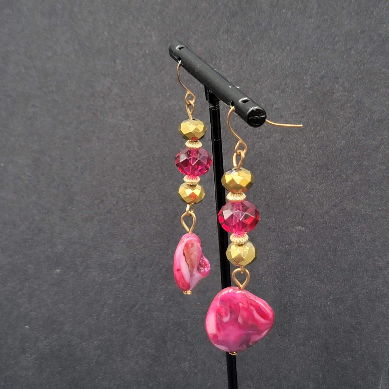 Pierced Earrings Gold tone Pink Beads Dyed Shell Dangle 2 1/8"