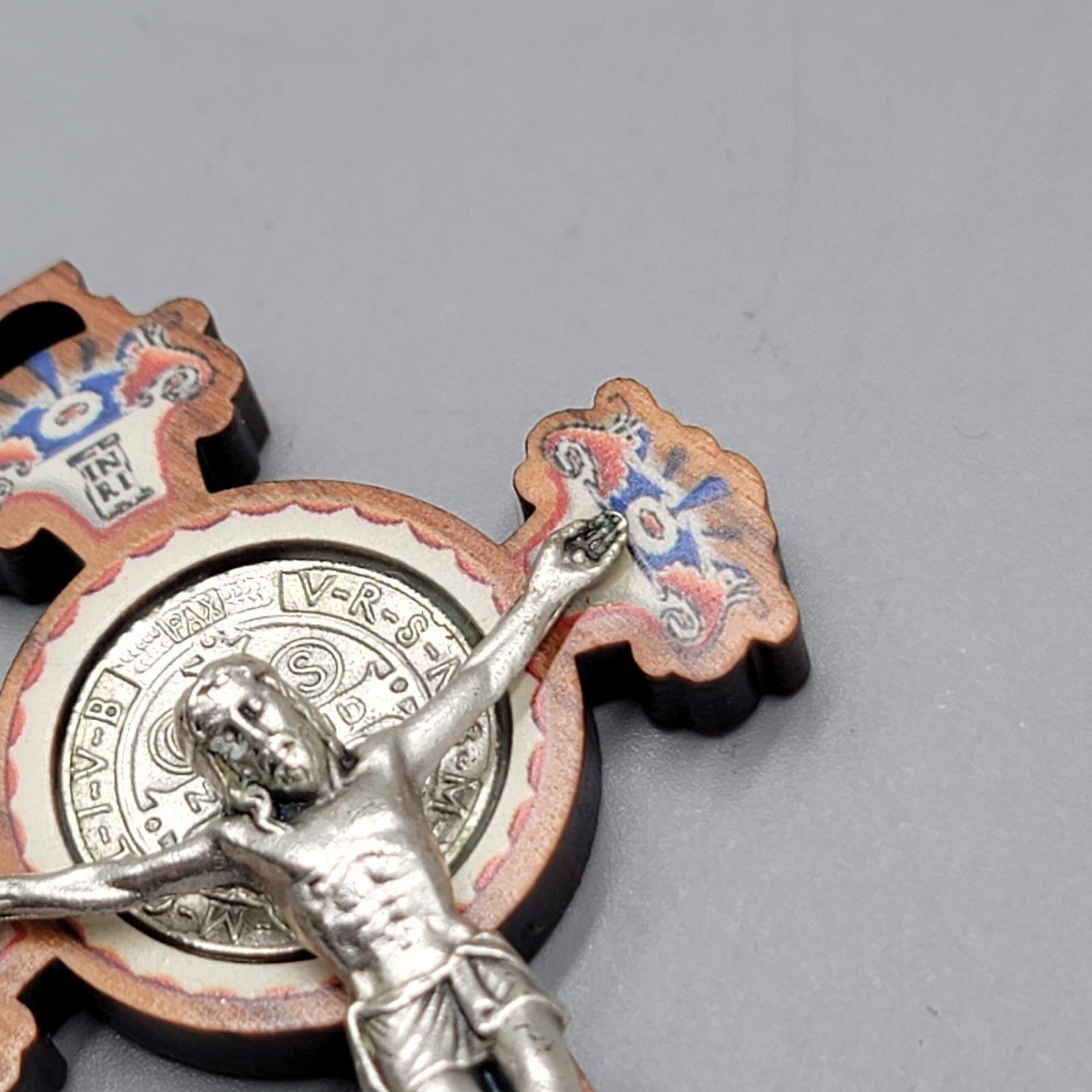 St Benedict Painted Olive Wood Crucifix 3 in Pectoral Cross