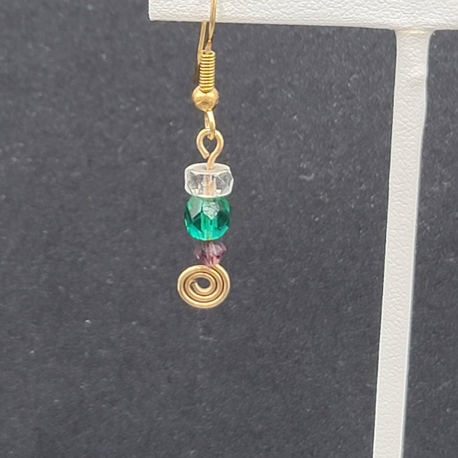 Pierced Earrings Gold tone Green Purple Clear Bead Dangle 1"