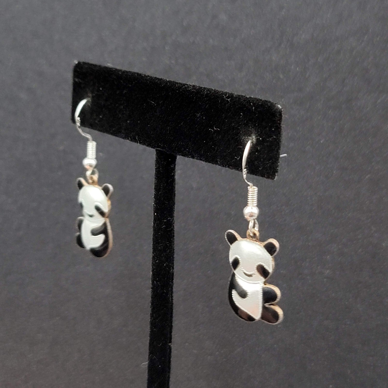 Panda Sterling Silver Pierced Earrings Enamel Dangle 3/4"