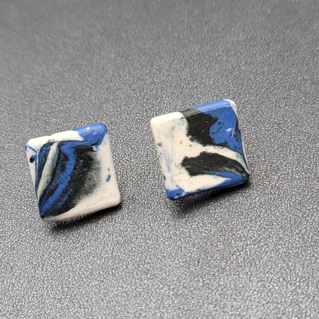 Vintage Clip on Earrings Blue Black White Polymer Clay Squares Screw Back 3/4"