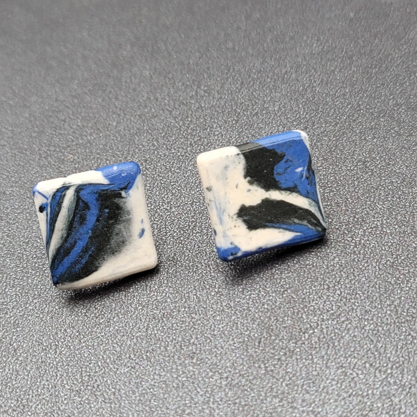 Vintage Clip on Earrings Blue Black White Polymer Clay Squares Screw Back 3/4"
