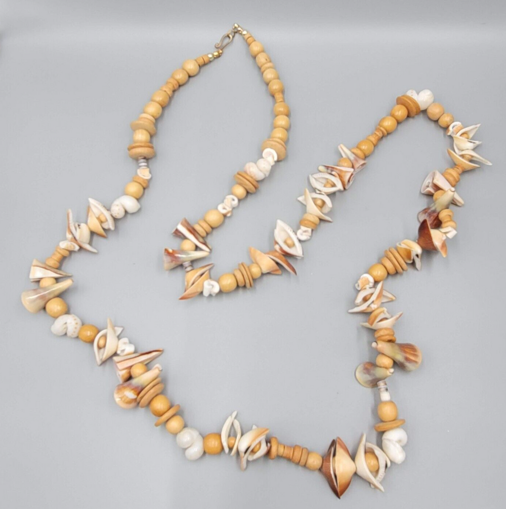 Vintage Necklace Wood Bead Shell Pieces LONG Unique Beach Summer 40"