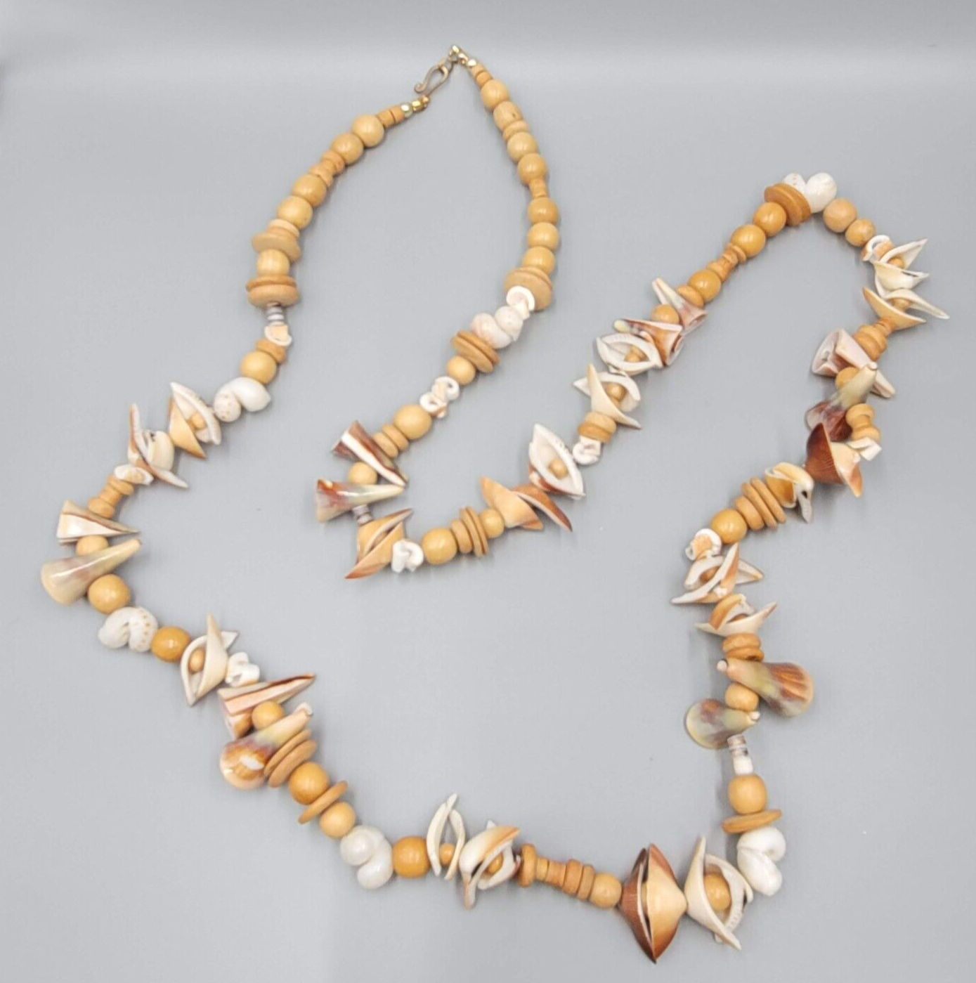 Vintage Necklace Wood Bead Shell Pieces LONG Unique Beach Summer 40"
