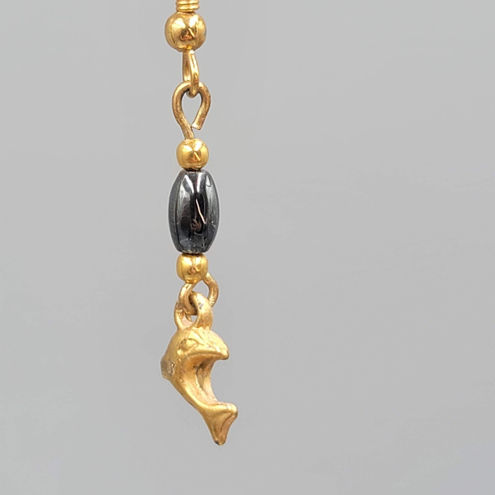 Vintage Dolphin Pierced Earrings Gold tone Hematite Stone Dangle 1 1/8"