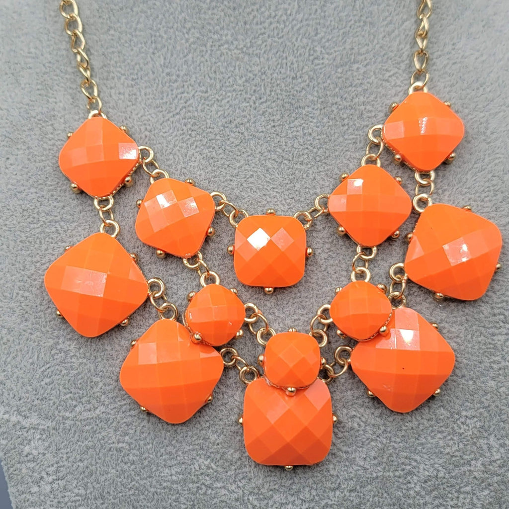 Orange Acrylic Bib Necklace Gold tone 16"-18"