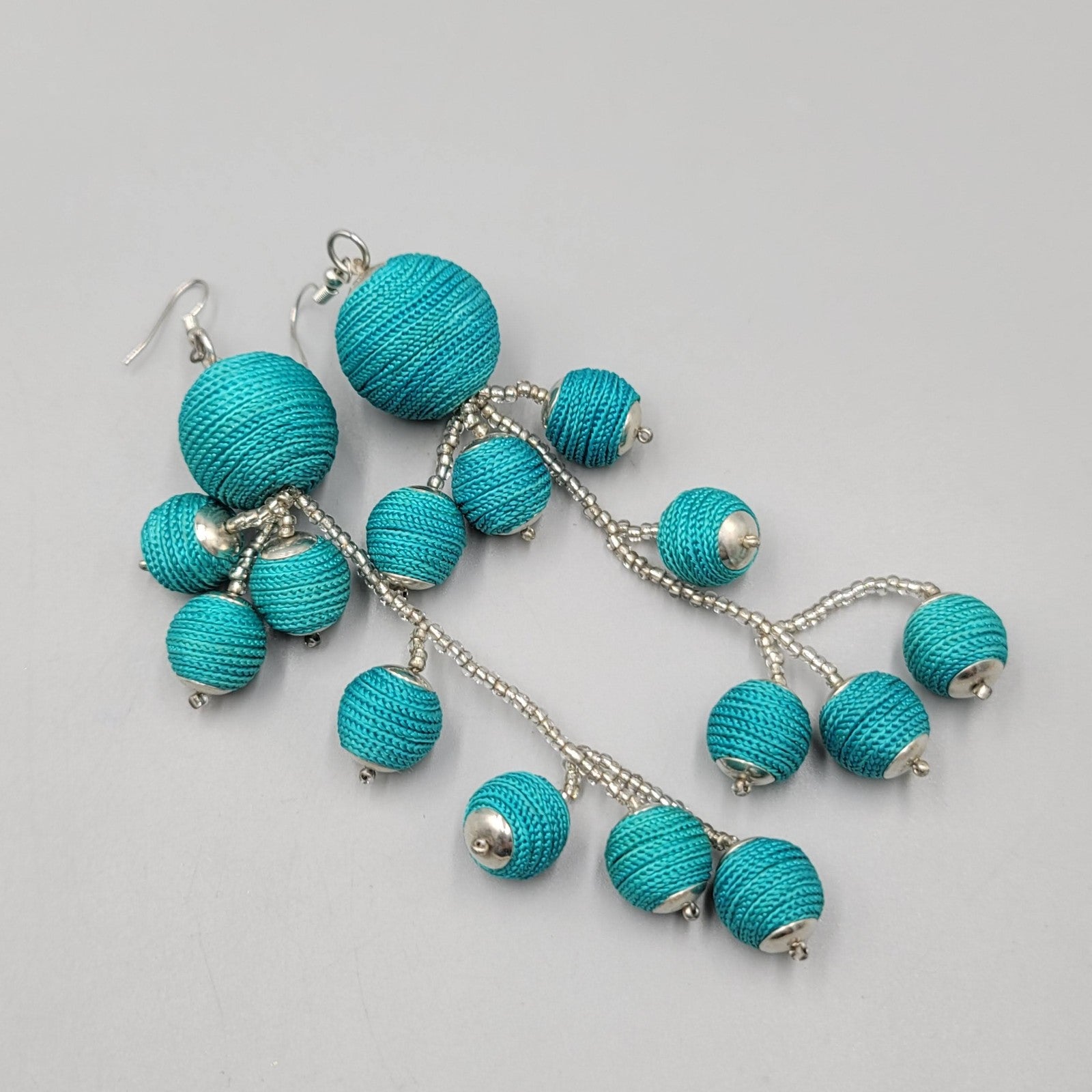 Statement Blue Thread Wrapped Beaded Dangle Earrings Silver Tone 5.5"